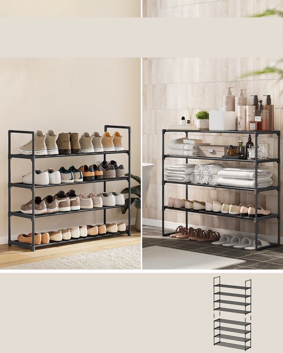 Zwart metalen schoenenrek met 4 etages, gevuld met schoenen en handdoeken.