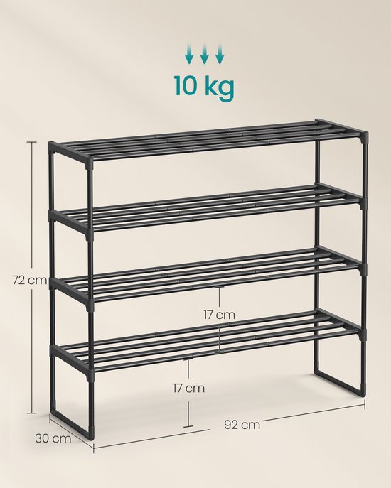 Afmetingen van een zwart metalen schoenenrek met 4 etages: 92 cm breed, 72 cm hoog, 30 cm diep.