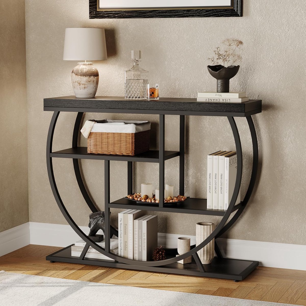 HOERFURIY 4-laags smalle haltafel met open opbergruimte - Industriële boerderijstijl consoletafel 39" - Metalen geometrisch frame, verstelbare poten - 100×80×30 cm - Zwart