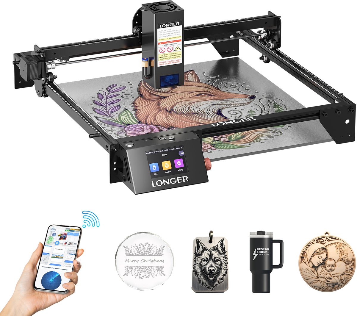 LONGER RAY5 20W Lasergraveermachine – 0,08 mm Precisie – 400×365 mm – Touchscreen & Air Assist – Voor hout, acryl, leer & metaal