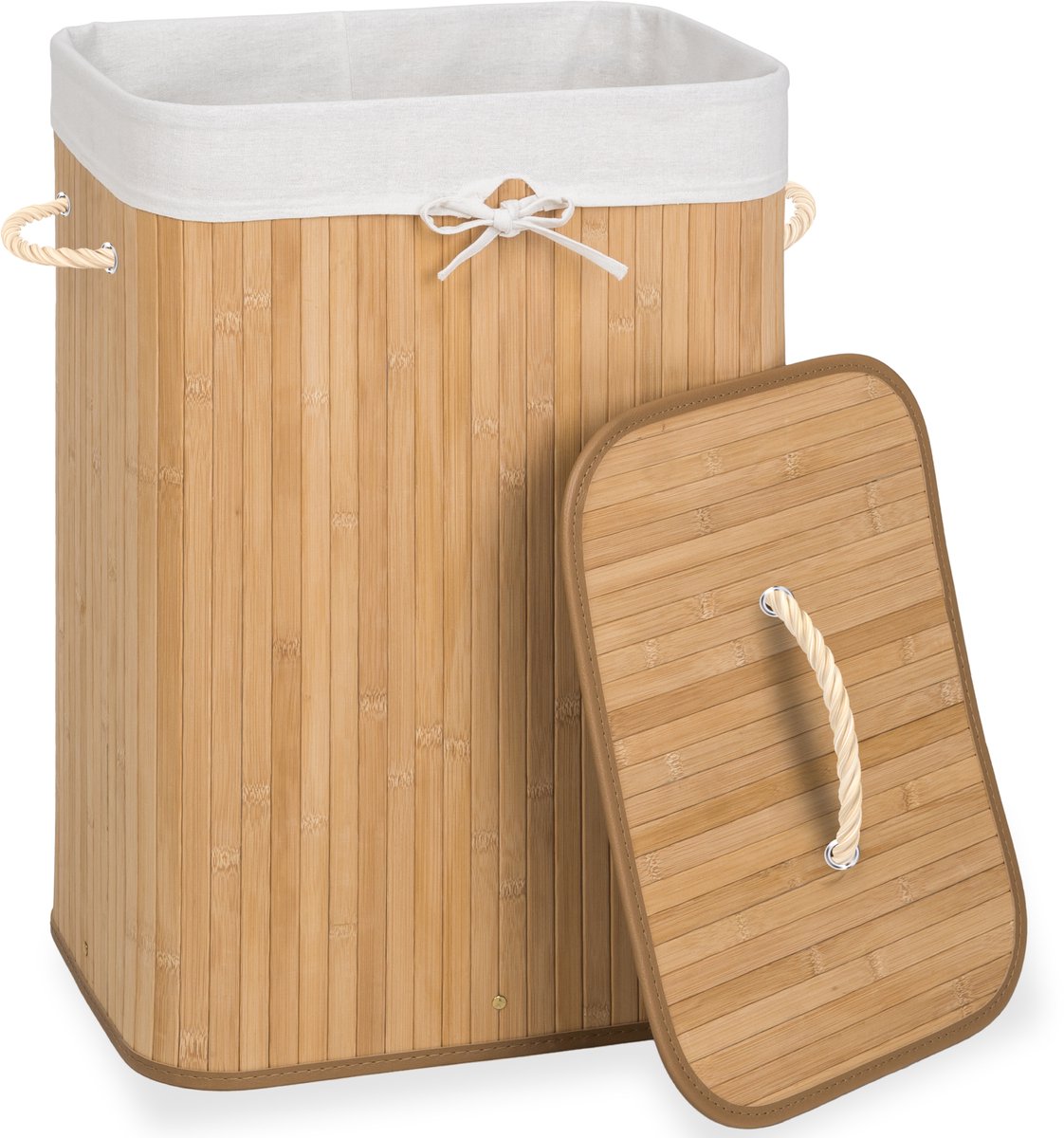 tectake® Robuuste bamboe wasmand - Opvouwbaar met deksel en uitneembare waszak - Verschillende modellen - 72L - Naturel - Rechthoek