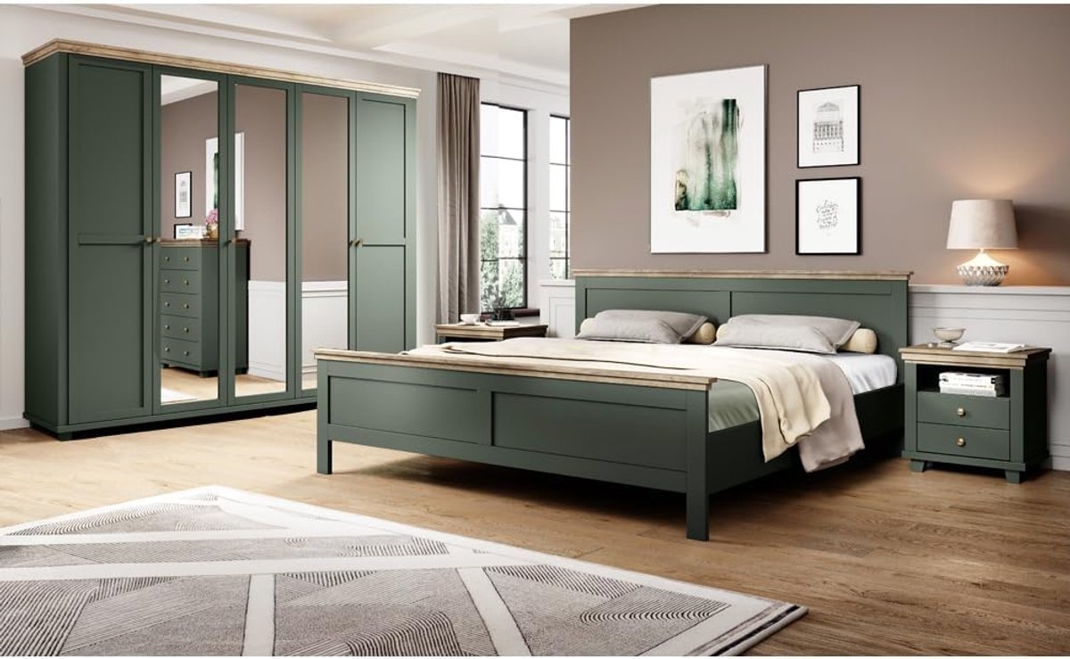 Landhuis Tweepersoonsbed 180x200 cm met Hoofdbord en Middensteun – Groen met Eikenlook, Afmetingen 191,5 x 88,5 x 211,5 cm