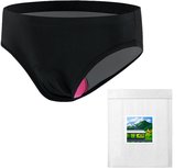 Culotte de cyclisme noire avec rembourrage rose et emballage avec image de paysage.