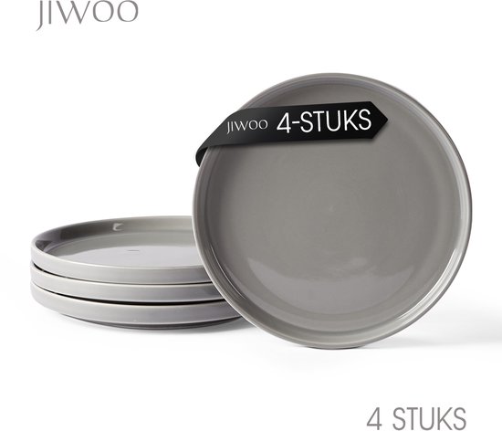 Set van 4 grijze dinerborden van Jiwoo met opdruk 'JIWOO 4-STUKS'.