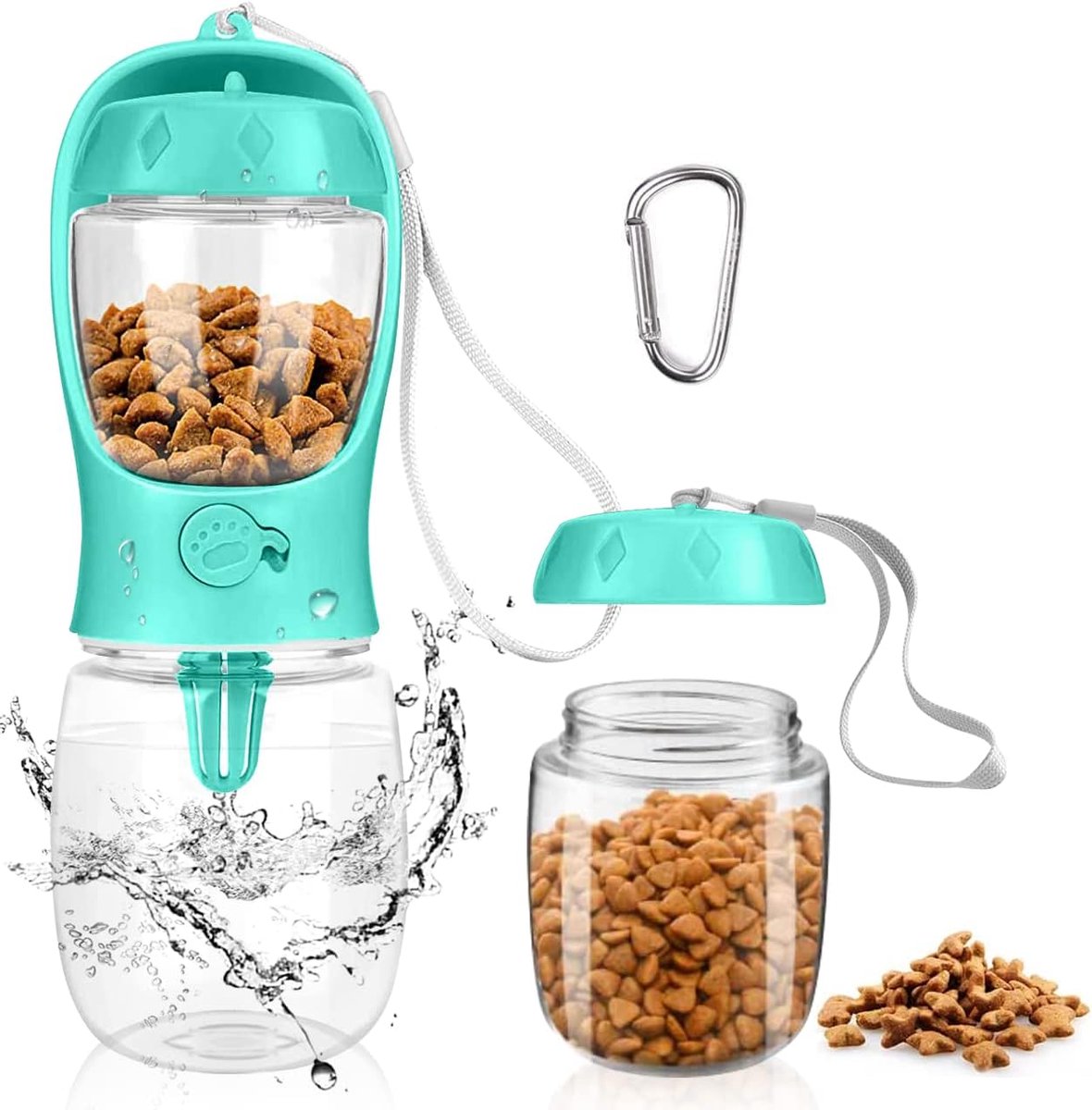 JeiibrZui 2-in-1 Honden Drinkfles met Voedselbak - 350ml + 100g - Lekvrij Ontwerp voor Onderwegs - Inclusief Karabijnhaak - Blauw