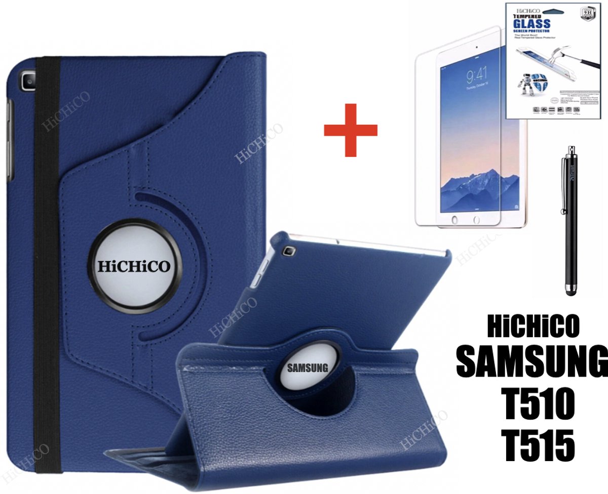 Samsung Galaxy Tab A 10.1 (2019) T510 / T515, HiCHiCO Tablet Hoes 360° draaistand Cover Tablet hoesje Donker Blauw met Stylus Pen + Screen Protector voor Galaxy Tab T510 en T515