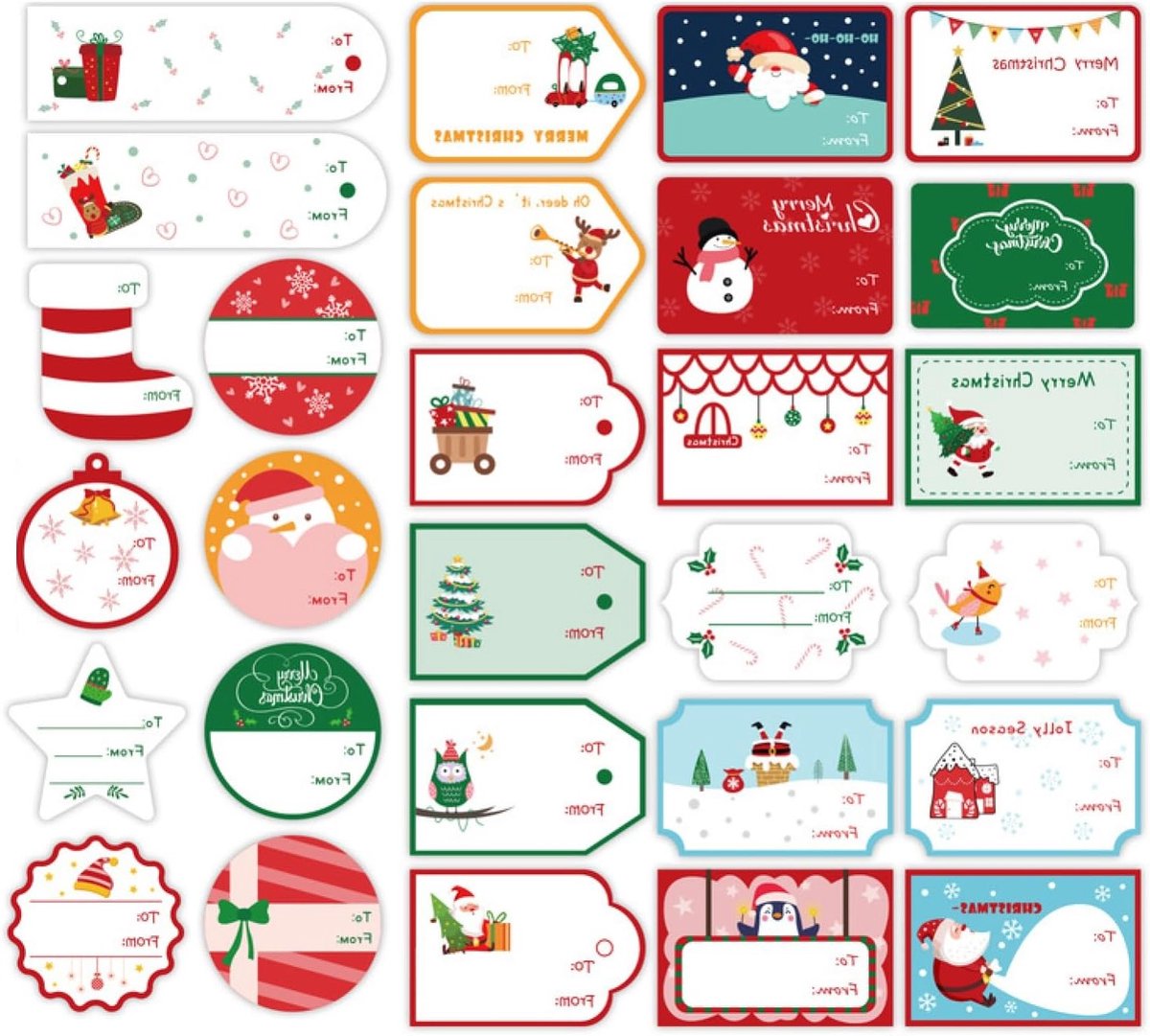Set van 112 Zelfklevende Kerst Cadeau Stickers - Decoratieve Labels met Kerstman, Sneeuwpoppen en Feestelijke Ontwerpen voor Cadeaus en Versieringen