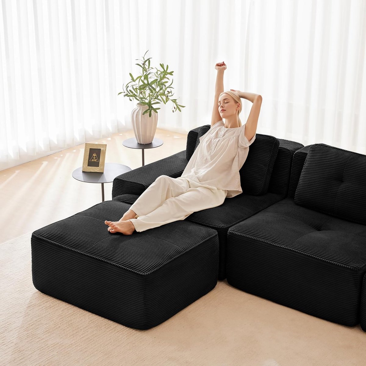 3-Zits Bank 204x104x69 cm Modulaire Sofa - zwart Cloud Bank Zonder Montage - Lage Lounge Zitbank met Diepe Zitting Corduroy - Vermissen