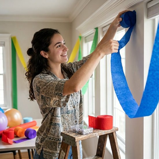 Vrouw met donker haar hangt blauwe slingers op met rode slingers en punaises op een trapje.