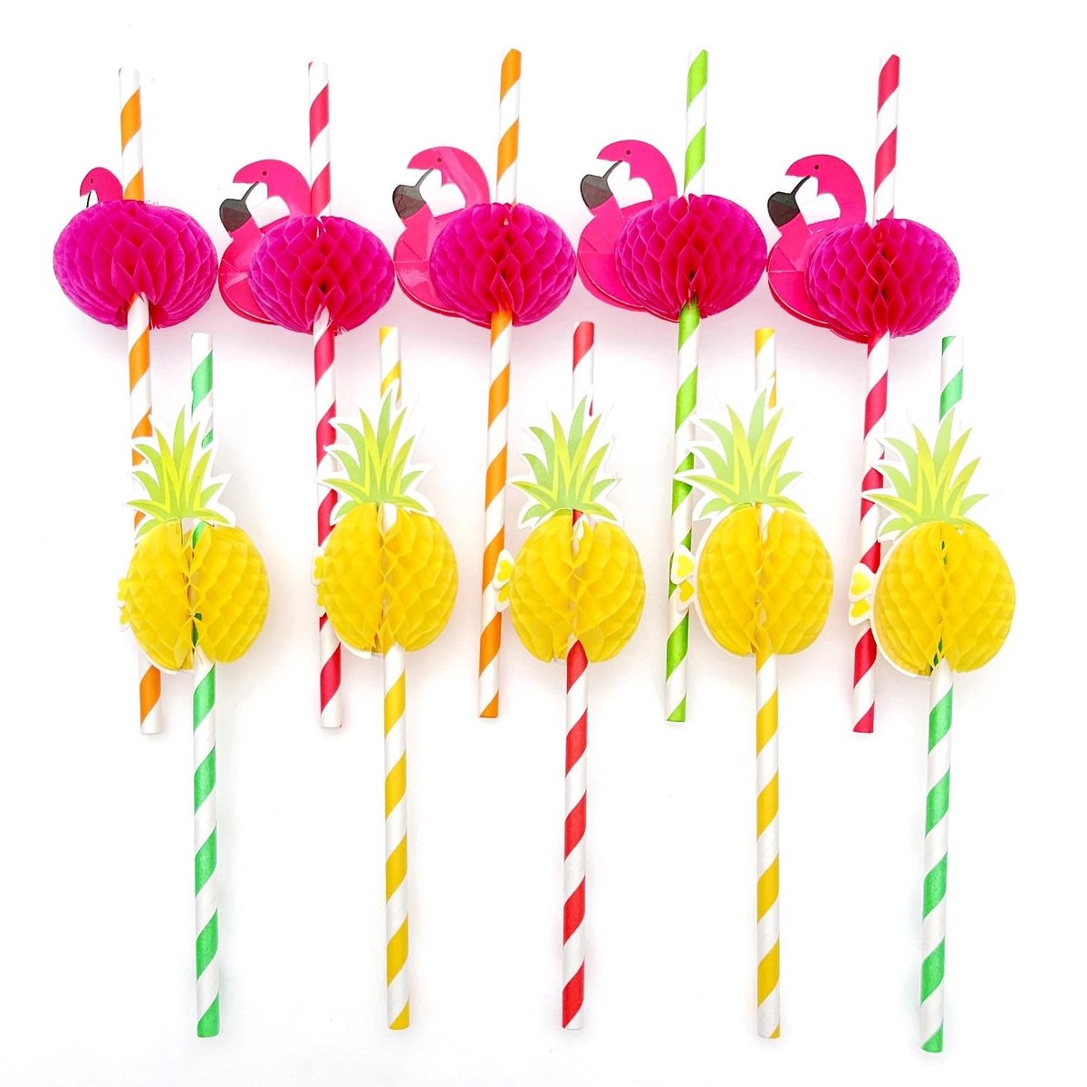 Allecto - Kleurrijke ananas flamingo rietjes - Biologisch afbreekbare papieren rietjes - Meerkleurig - Tropische feestaccessoires - Geschikt voor L...