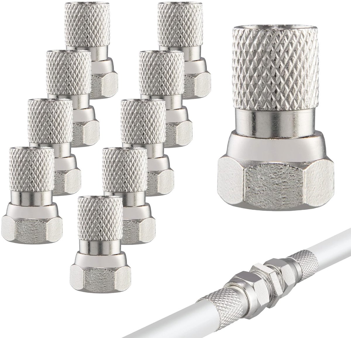 Allecto - F-stekker - Coaxkabelconnector - Schroefbaar en weerbestendig - Zilver - Antennestekker - Geschikt voor satellietontvangst - 10 stuks