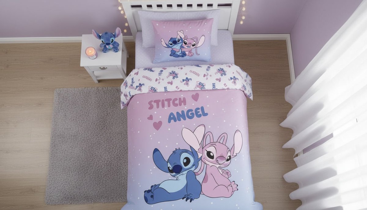 Beddengoed Stitch & Angel Disney 140x200 cm + Sloop 65x65 cm Katoenmix Omkeerbaar | Paars Verloop