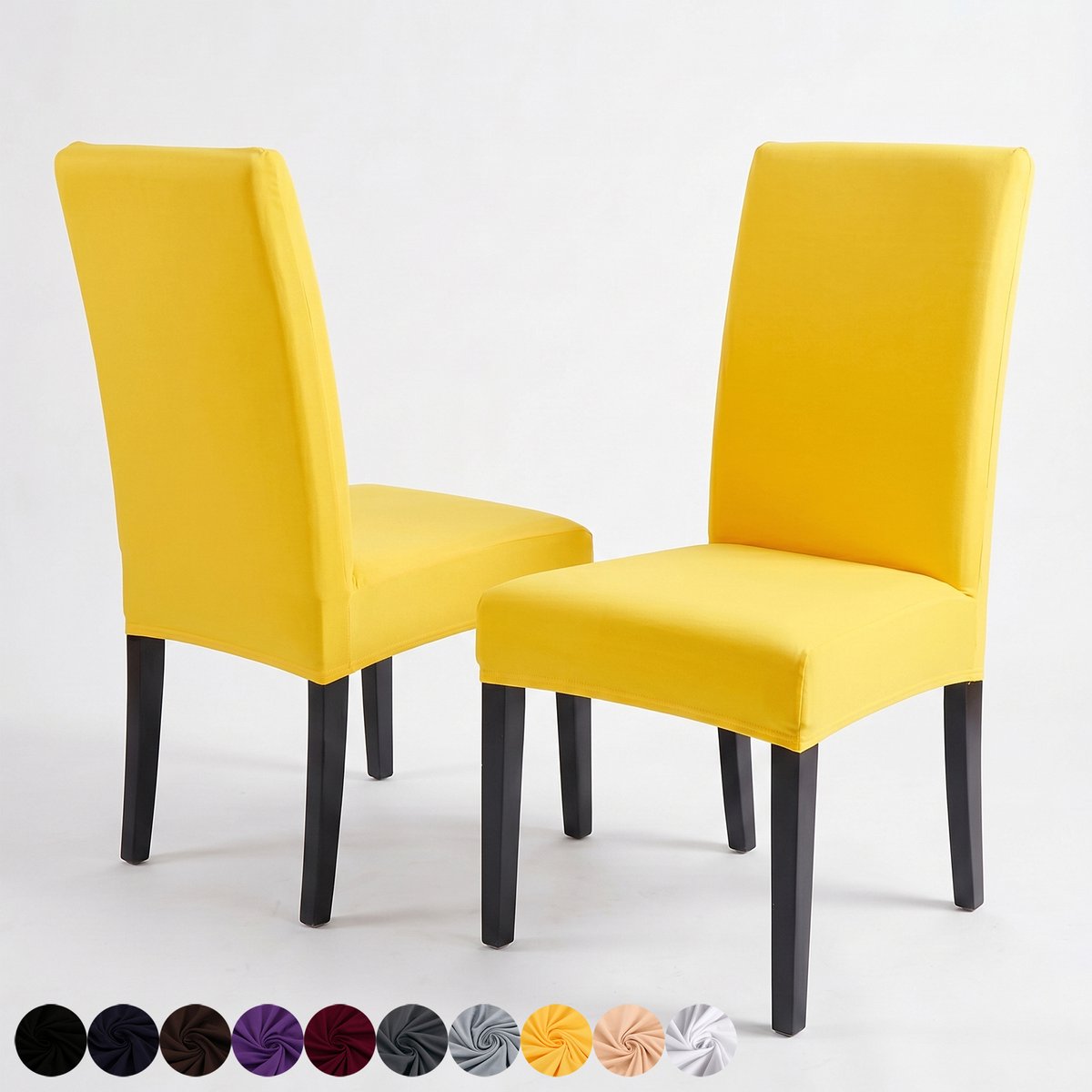 Qelus Stretch Eetkamerstoel Hoezen - 2 Stuks Spandex Stoelhoes met Bloemen & Ruitpatroon - Afneembare Stoelbeschermer voor Woonkamer, Bruiloft & Feest Banket - Geel