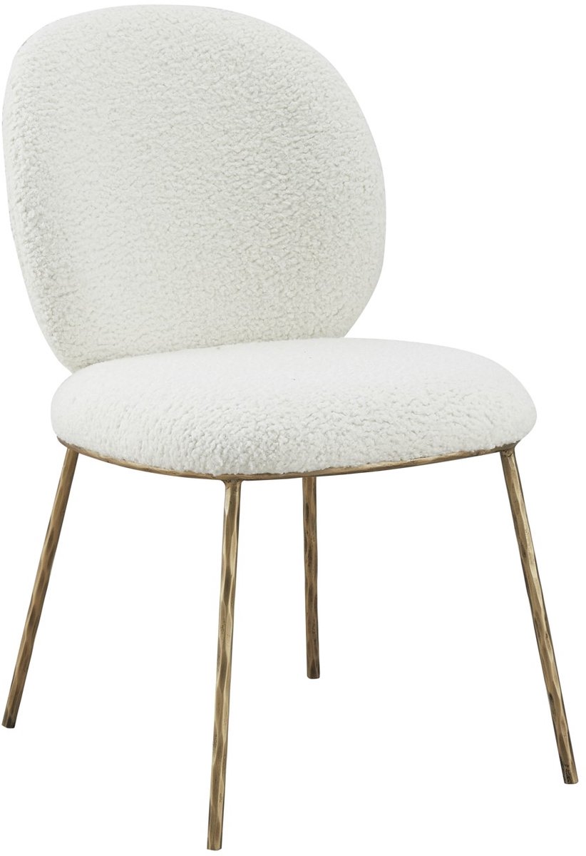 Sleepking - Stoel / Eetkamerstoel Attica - 100% linnen Teddy Bouclé - Wit en Brass Goud