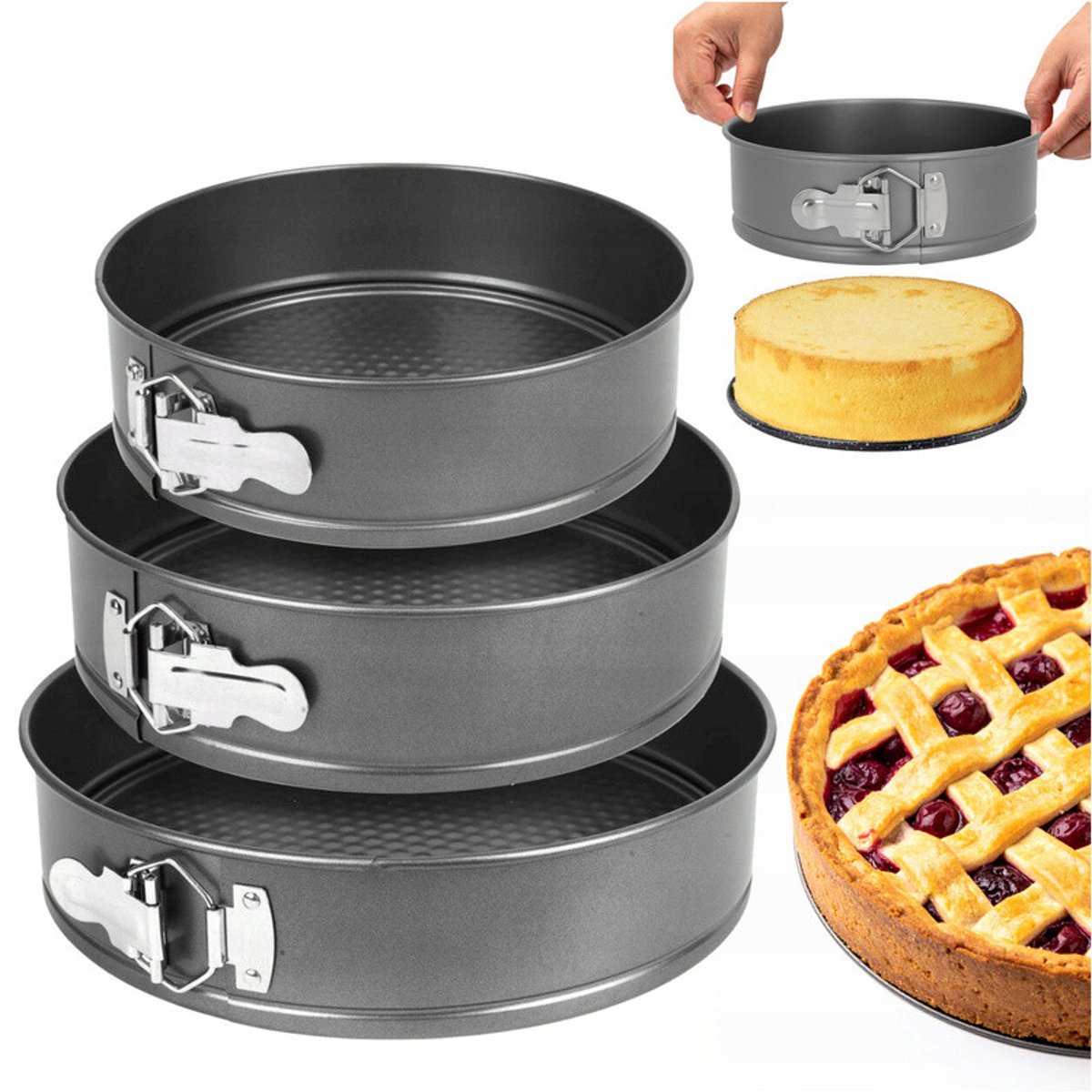 Set van 3 Ronde Bakvormen met Losse Bodem 24/26/28 cm – Springvormen voor Taart, Cake en Cheesecake – Metaal – Vaatwasserbestendig