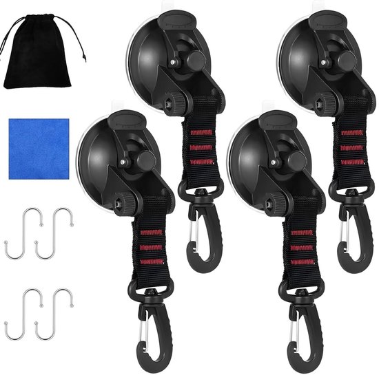 4 Stuks Zuignappen met Band, D-Ring Rotatie 360 Graden & S Haak, Multifunctionele Accessoires voor Caravan, Sterke Camping Haak voor Glas en Tent, Ideaal voor Buitenactiviteiten