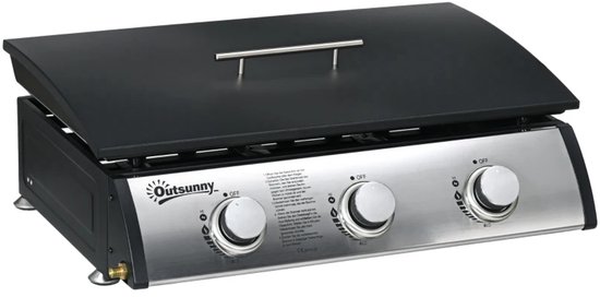Zwart tafelmodel gasbarbecue met zilverkleurig frontpaneel, drie draaiknoppen en een deksel.