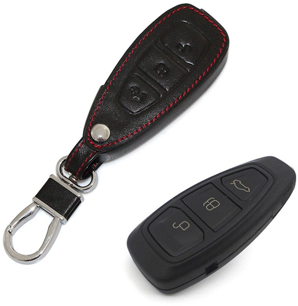 Allecto - Echt lederen auto afstandsbediening sleutelhoes - Sleutelhanger - Beschermt tegen stoten - Zwart - Voor Ford Focus MK3 MK4 Kuga - Geschik...