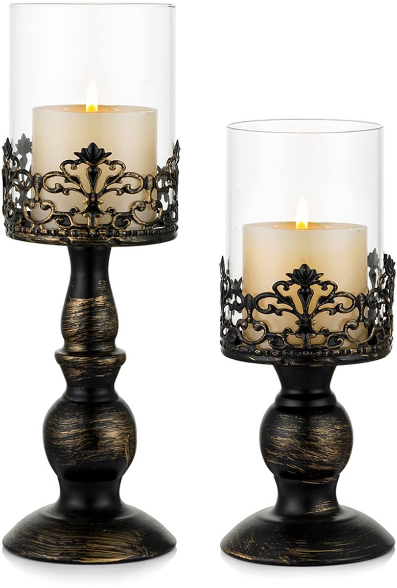 Allecto - Kaarsenhouder - Vintage Distressed Black - Elegante decoratie - 27cm & 33cm - Metalen voet en glas - Geschikt voor huis en haard