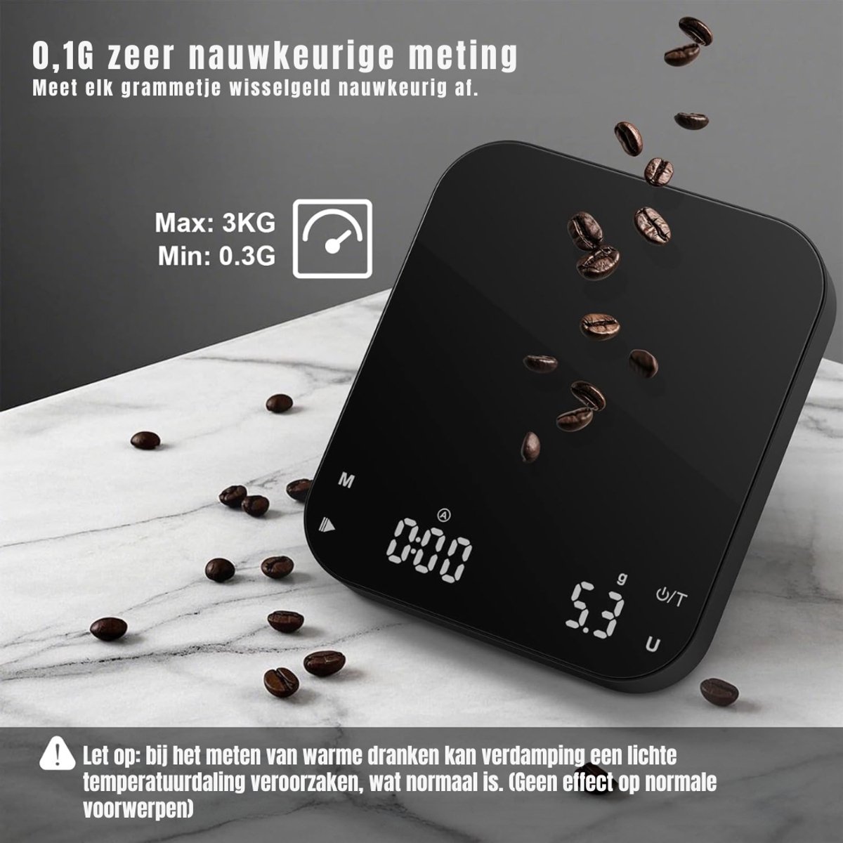 RUX® Koffie Weegschaal - Weegschaal - Scale - Max 3000 Gram - Zwart - 18cm x 18cm x 5cm ; 540g