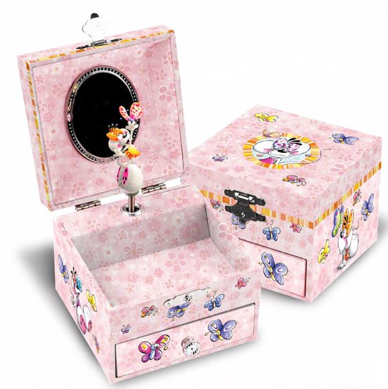 Roze sieradendoosje met Diddlina en vlinders. Open, met spiegel en draaiend poppetje. Gesloten, met lade en Diddlina illustratie.