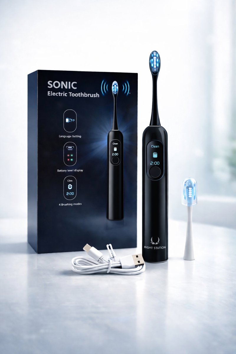 Right Station®-Sonic Elektrische Tandenborstel-Oplaadbaar - 4 Poetsstanden - 2 min Timer - Batterijdisplay - Inclusief Opzetborstels & USB kabel - Scherm - screen - MIDNIGHT BLACK