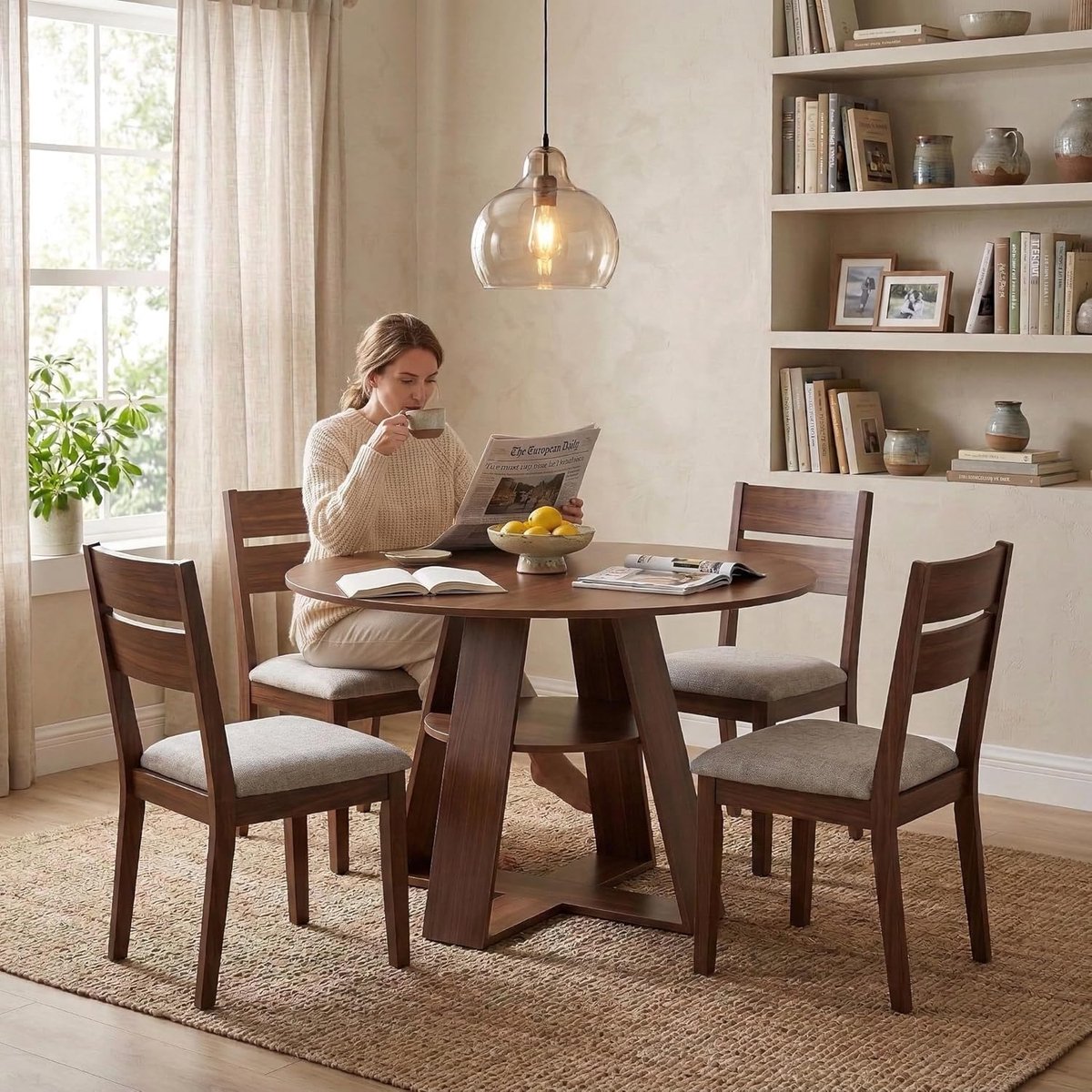 Uittrekbare ronde eettafel 100/140 x 100 x 75 cm – houtkleur walnootlook – ovale uitschuifbare keukentafel met opbergplank – moderne eetkamertafel voor 4-6 personen – Vermissen
