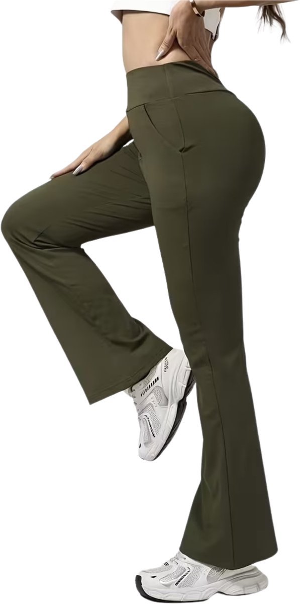SparkNine Horizon flare broek - dames legging met zakken - petite pijplengte - M - legergroen - hoge taille - stijlvol & elastisch - bestseller
