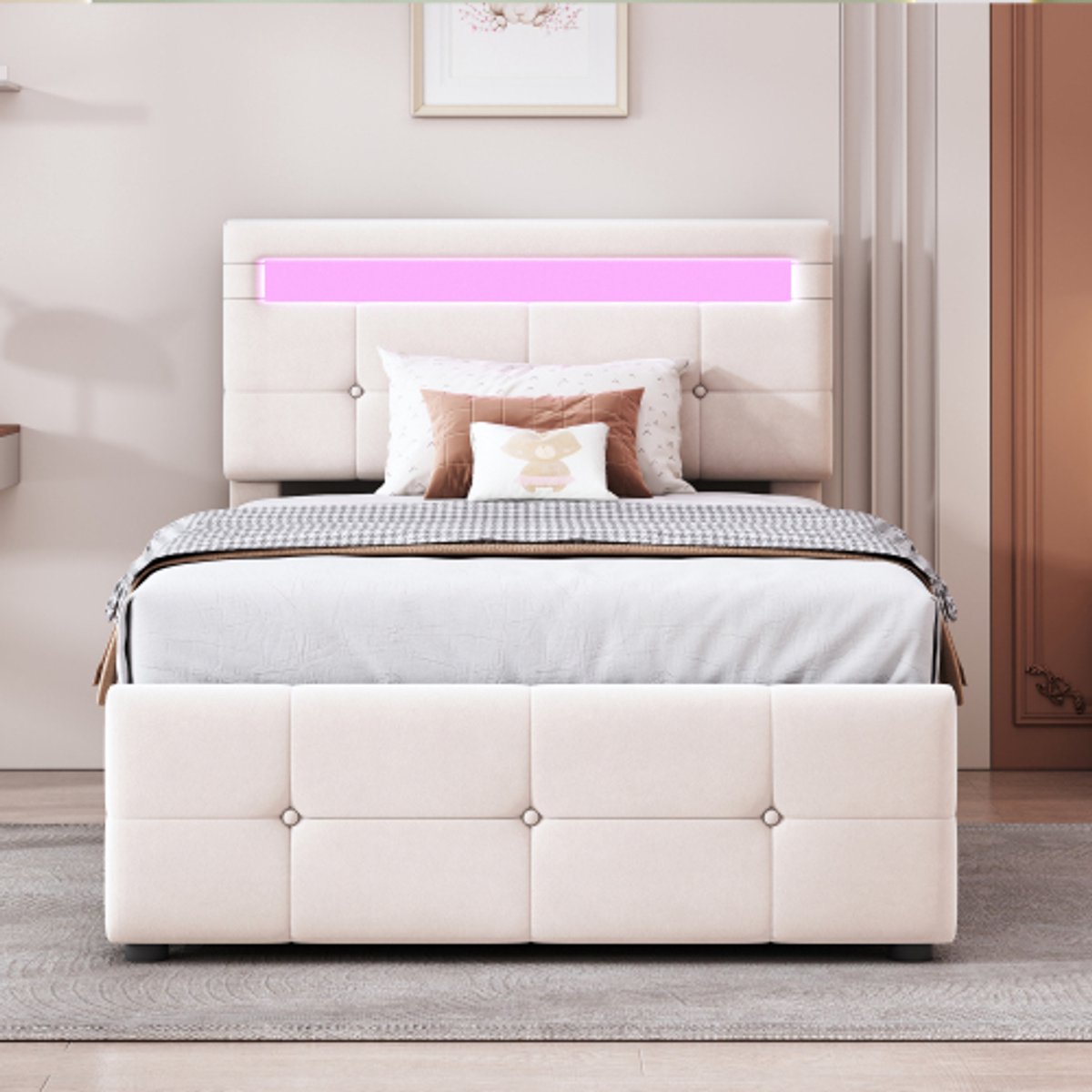 Zubaliya Kinderbed 90 x 200 cm beige - fluweelstof - LED-verlichting - Hydraulisch - bed met opbergruimte - gestoffeerd bed - 200 kg draagkracht