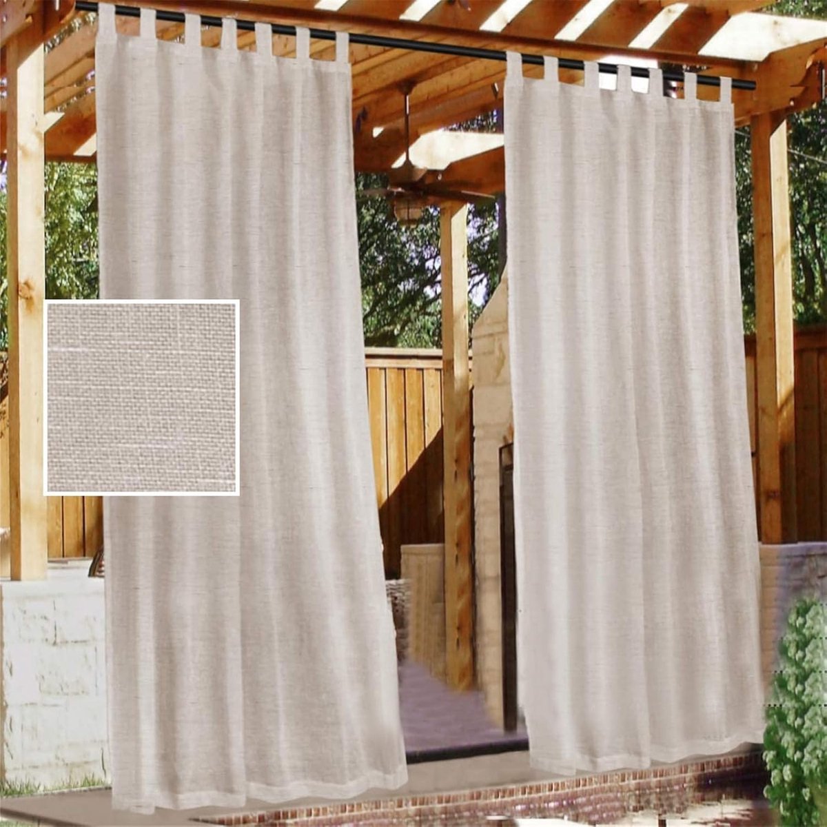 Luxe Buitengordijnen Linnenlook - Set van 2 - XXL 132 x 274 cm - Zelfklevende Lussen (Klittenband) - Lichtdoorlatend & Privacy - Voor Pergola & Veranda - Natuurlijk Linnen / Beige