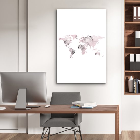 Aluminium schilderij 80x120 cm - Wanddecoratie metaal - Wereldkaart - Roze - Grijs - Verf - Metalen muurdecoratie woonkamer - Decoratie industrieel - Foto op dibond - Industriële accessoires slaapkamer