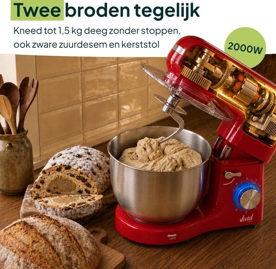 Rode keukenmixer met 2000W motor en deeghaak, naast brood en stol. Bewerk deeg voor twee broden.