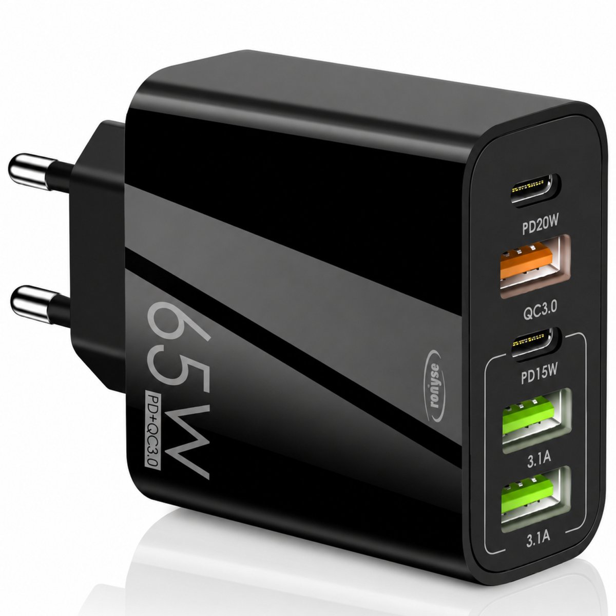 USB-C Adapter 5 Poorten 65W - USB Stekker met Snelladen - USB-C Oplader en USB Lader in één - Zwart