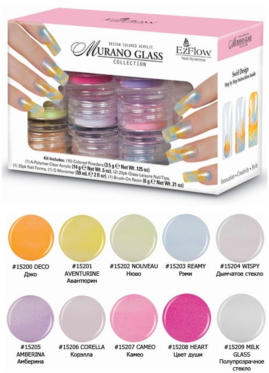EZ Flow Design Color Acrylic Collection Kits, Murano Glass Nagel Acryl Nagels