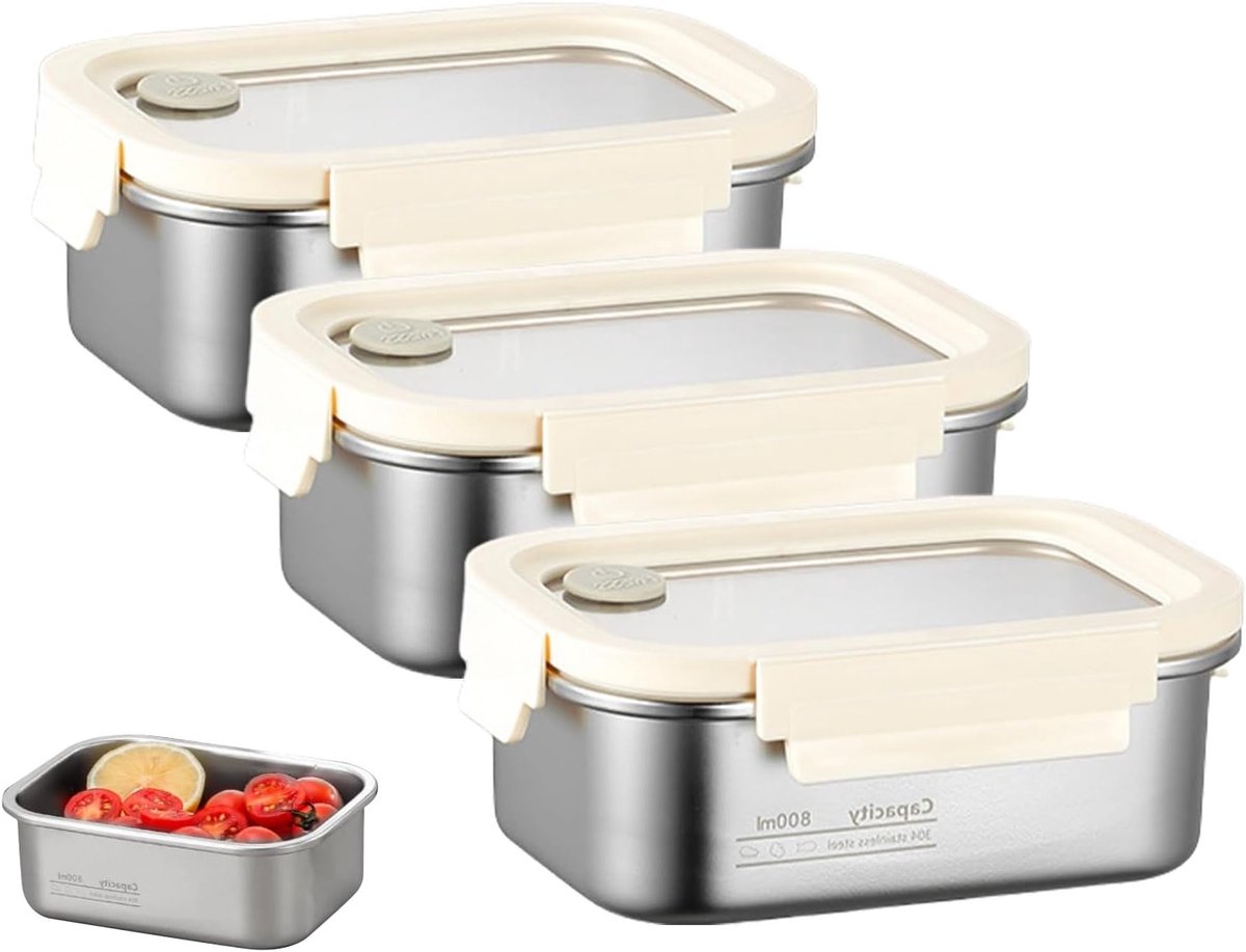 Set van 3 RVS Voedselcontainers 800 ml - Lekvrije Lunchbox, Geschikt voor Keuken, Kantoor en Vriezer, Vaatwasserbestendig