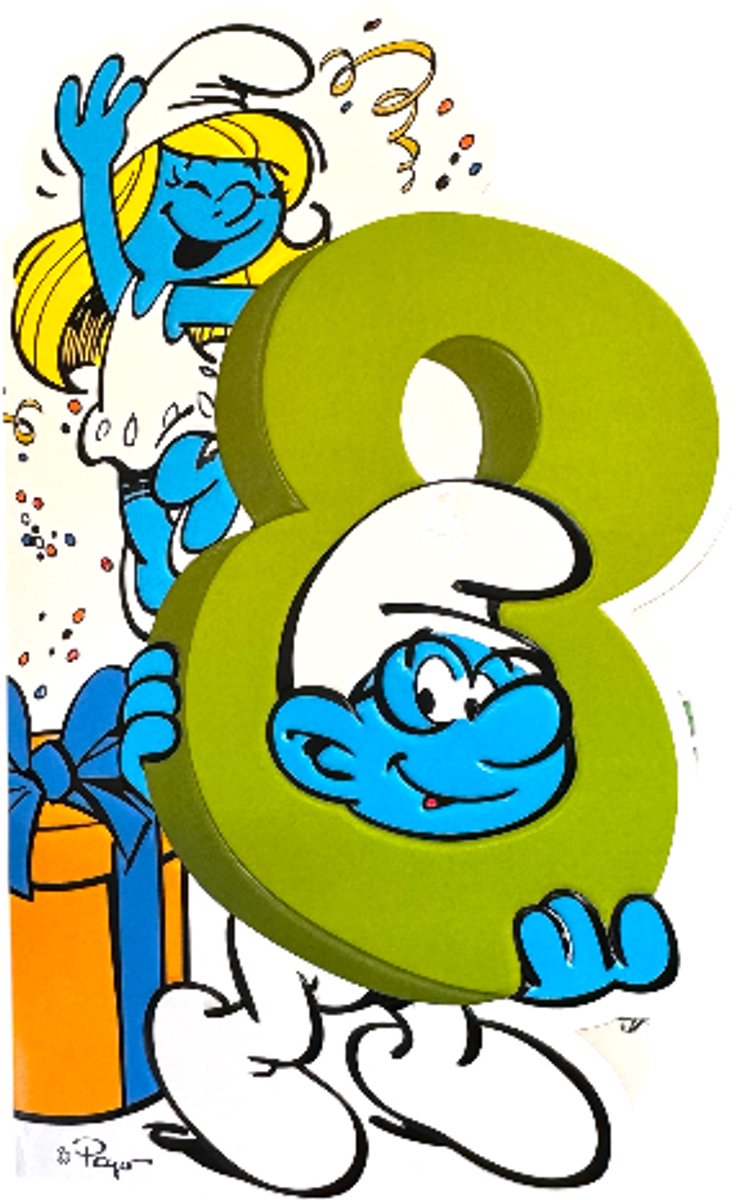 Smurfin en brilsmurf – De Smurfen Reliëf Verjaardagskaart – 8 Jaar – Cromo