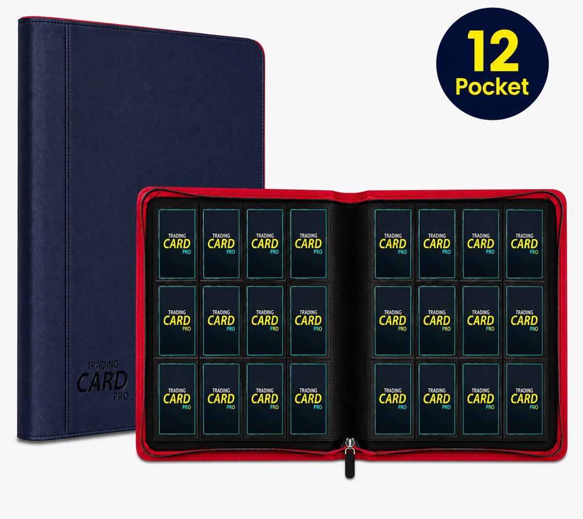 TradingCardPro® Deluxe 12-Pocket Verzamelmap – Met Ritssluiting – Geschikt voor Pokemon – 480 Kaarten – 12 Pocket - Binder - Zwart met rode details
