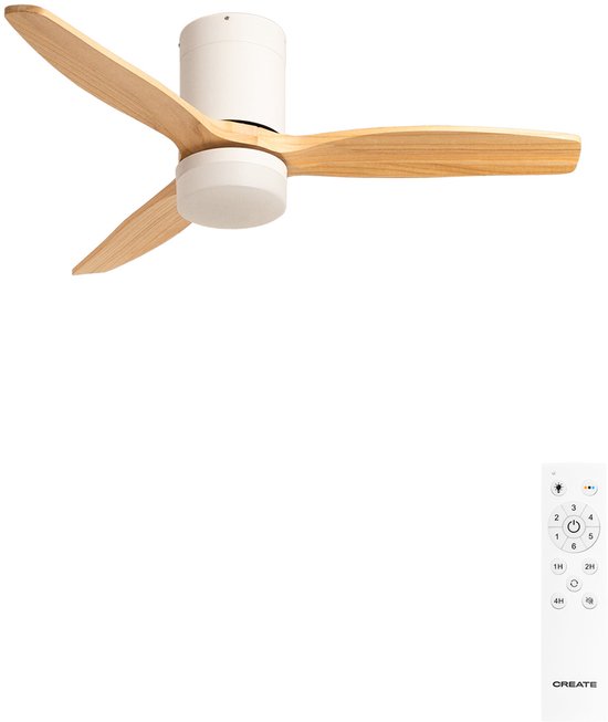Plafondventilator 40W met ABS bladen, IP44, zomer/winterfunctie, LED licht 3 kleuren, afstandsbediening, Ø112cm, wit/hout