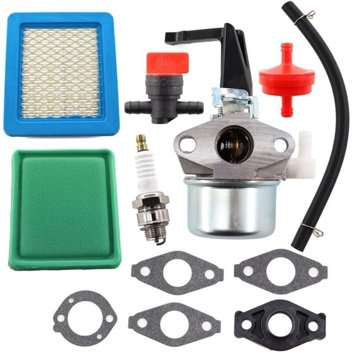 Carburateur geschikt voor Briggs & Stratton motoren 696065 697422 110412 110402 215369, inclusief brandstoffilter, pakking en bougies.