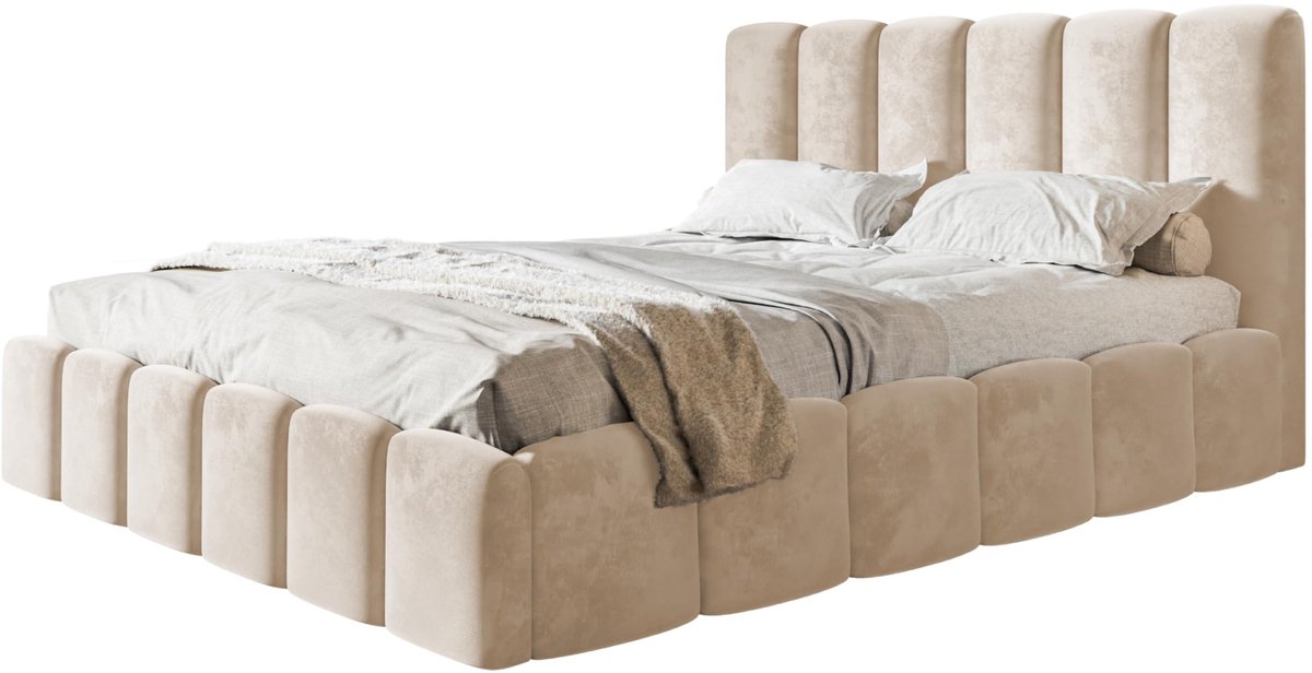 Bed 160x200 - gestoffeerd bed met bedkast en houten frame - elegante bedden - zachte Amorstof - collectie Lucy, beige