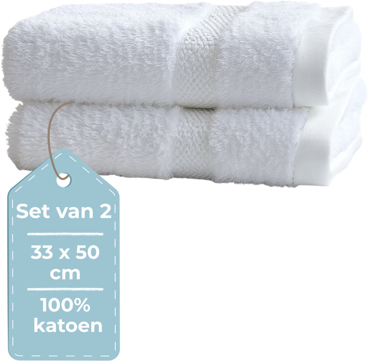 HUSH Living Gastendoek - set van 2 - 33×50 cm - 100% katoen - zware kwaliteit 500g/m2 - stijlvol boord en ophanglus - wit