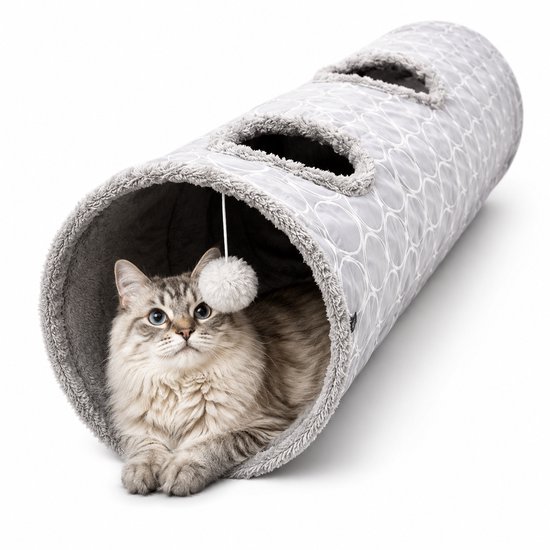Grijze kattentunnel met cirkelpatroon, met een grijze cyperse kat die erin ligt.