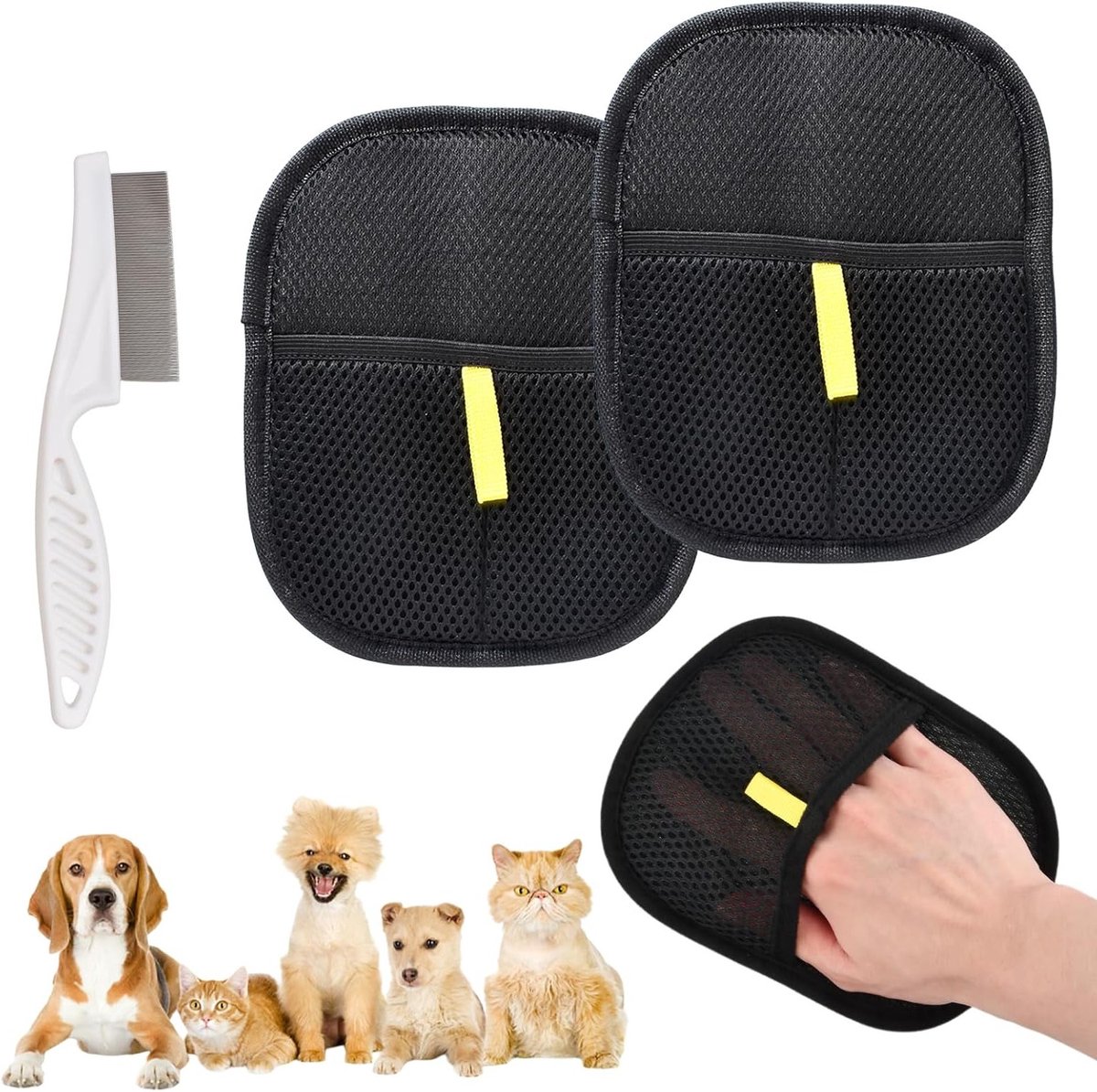Set van 2 Handschoenen voor Vachtverzorging, Inclusief Vlooienkam voor Honden en Katten, Herbruikbare Vachtverwijderaar en Tekenverwijderaar voor Effectieve Reiniging