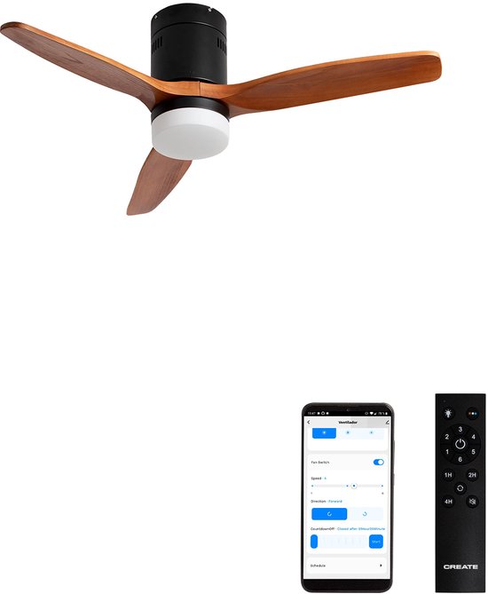 Plafondventilator hout 40W silent 132cm zwart met LED licht 3 kleuren wifi afstandsbediening 10-25m²