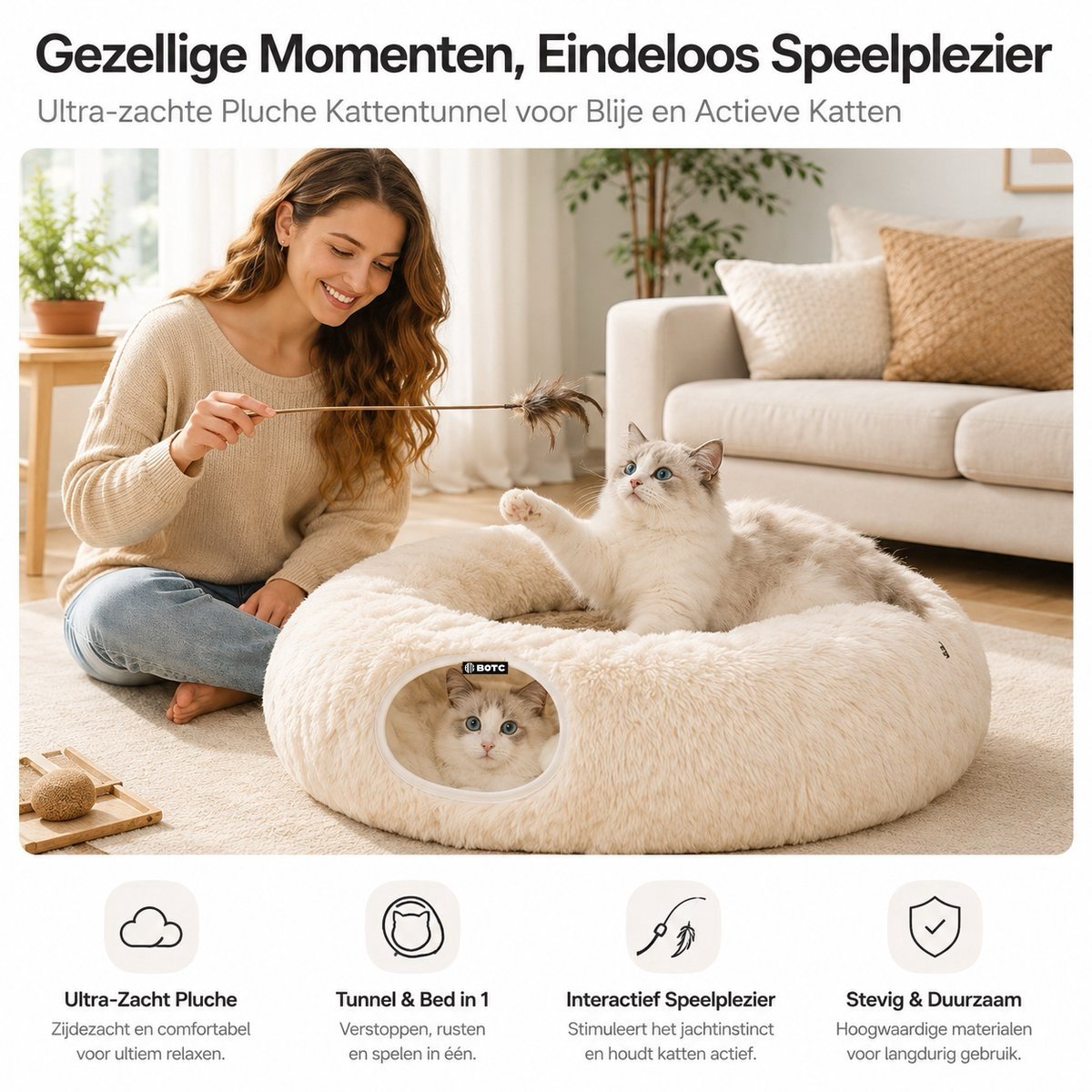 BOTC Kattentunnel met Kattenmand - Speeltunnel Voor Dieren - Tunnel Kat - Kattenhuis - Speeltunnel kat - Beige thumbnail 2