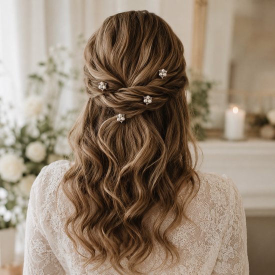 Coiffure de mariée avec des mèches ondulées mi-longues, décorée de quatre épingles à cheveux argentées à fleurs nacrées.