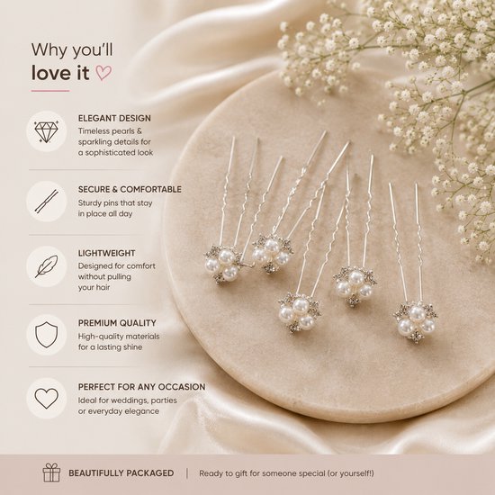 Épingles à cheveux argentées avec des fleurs de perles et de strass, avec du texte soulignant les avantages.