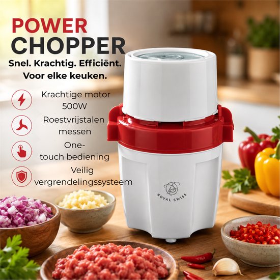 Royal Swiss® Power Chopper 500W - Hakmolen & Vleesmolen - 350ml RVS Snijbeker - Krachtige Hakker voor Groenten, Vlees, Noten & Kruiden - Compact & Snel - Makkelijk Schoon te Maken van Royal Swiss — afbeelding 3