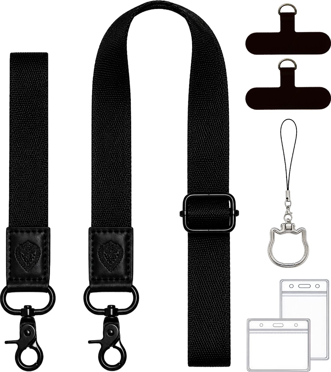 Universeel Telefoonkoord Set met 4 Bevestigingsplaatjes, GSM Ring, Badgehouder & Uittrekbare Sleutelhanger - Lanyard Trekkoord - Keycord Strap - Sleutelkoord Telefoonketting - Telefoon Koord - Keykoord Pashouder - Phone Ketting/Cord - Nekkoord Zwart