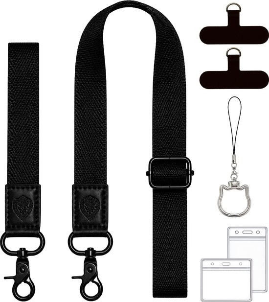Zwarte set accessoires: 2 korte lanyards, 1 verstelbare lanyard, 2 telefoonpatches, 1 katvormige telefoonhanger en 2 badgehouders.